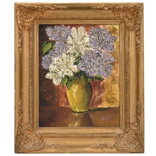 293 - A Still life of Delphiniums, oil on canvas laid down on panel, signed by W. Wyse, 29cm x 22.5cm, fra... 