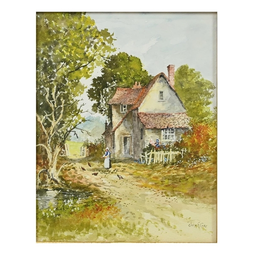 297 - John E. Gore (1944-2022) - Five countryside scenes with rustic cottages, watercolours, three signed ... 