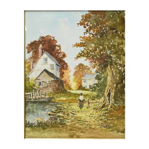 297 - John E. Gore (1944-2022) - Five countryside scenes with rustic cottages, watercolours, three signed ... 