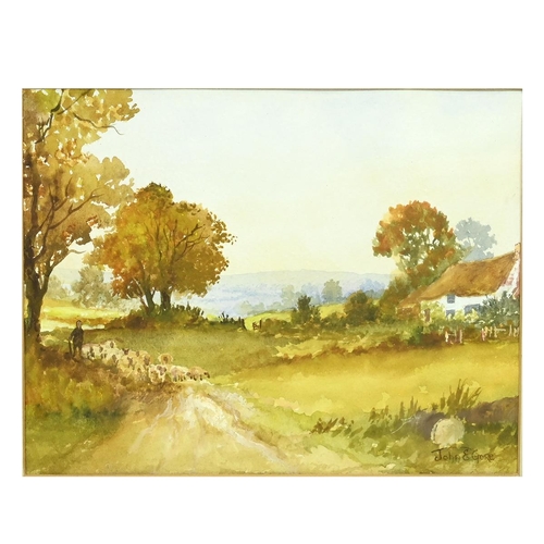 297 - John E. Gore (1944-2022) - Five countryside scenes with rustic cottages, watercolours, three signed ... 