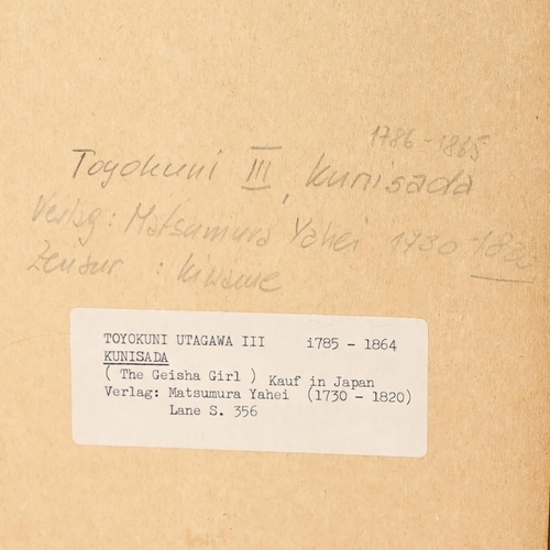 299 - Tokokuni Utagawa III (1785-1864) - three woodcuts, including 'Kunisada' (The Geishi Girl), woodcut p... 