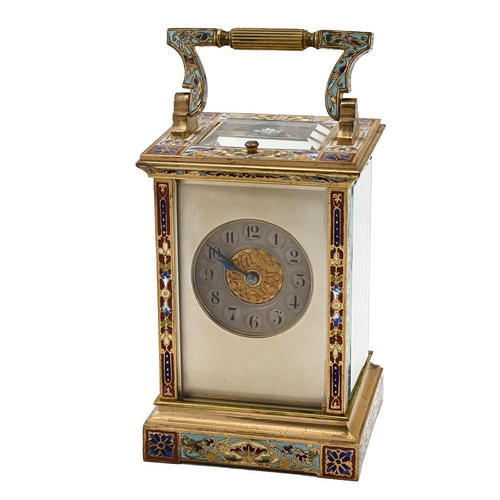 305 - A Late 19th Century French eight day, two train, repeating carriage clock in gilded brass and Champl... 