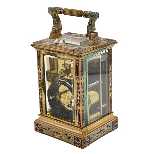 305 - A Late 19th Century French eight day, two train, repeating carriage clock in gilded brass and Champl... 