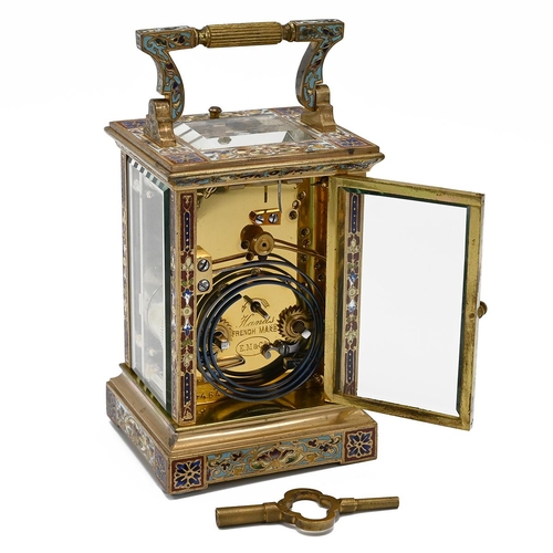 305 - A Late 19th Century French eight day, two train, repeating carriage clock in gilded brass and Champl... 