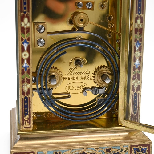 305 - A Late 19th Century French eight day, two train, repeating carriage clock in gilded brass and Champl... 