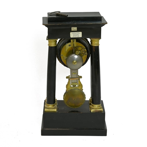 306 - 19th Century French Portico Clock of ebonised wood with gilt brass mounts and dial surround, silvere... 