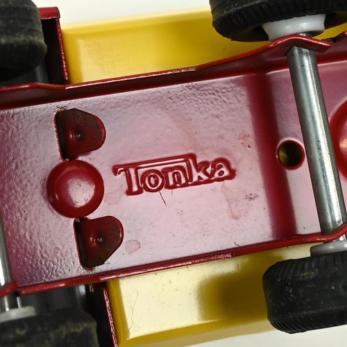 436 - Group of Vintage Tonka Toys: Large yellow Car Carrier with green and red vehicles. Also 10x smaller ... 