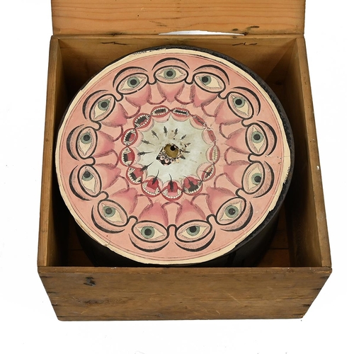 455 - Antique boxed toy Zoetrope on Walnut base with japanned metal drum. Marked 'Wheel of Life, London St... 