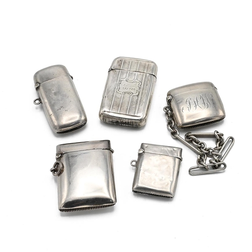 46 - Five silver vesta cases, one with a part of a silver fob chain, various dates and markers, 158 grams... 