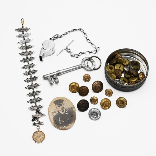 508 - A GWR whistle, goods van key, photo, along with 13 Silver Year Service Badge, plus Silver 20,25 and ... 