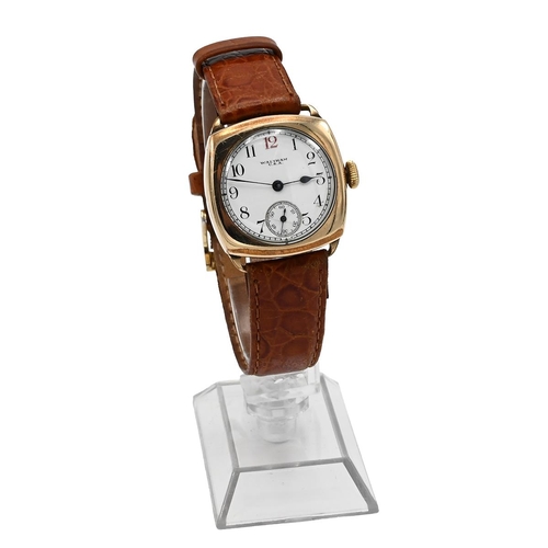 52 - Waltham USA, An Art Deco gold plated cased gentlemen's watch, manual wind and having a leather strap