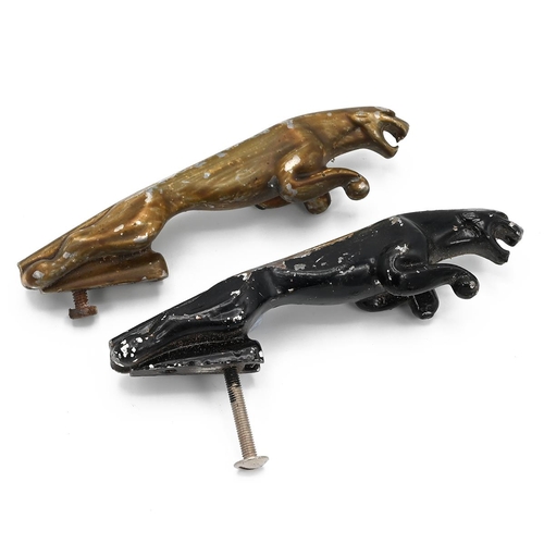 531 - 2x Jaguar cast metal car hood ornaments. Both as found. L 18cm H 7cm without screw.