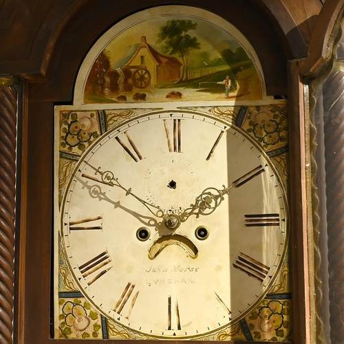 55 - 19th Century 8 day longcase clock with arched painted 12 dial, Roman numerals, man fishing in a mill... 