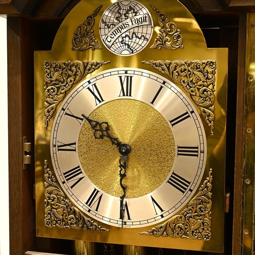 56 - An Oak longcase Grandmother clock by Pallesgaard of Copenhagen with three train movement, brass dial... 