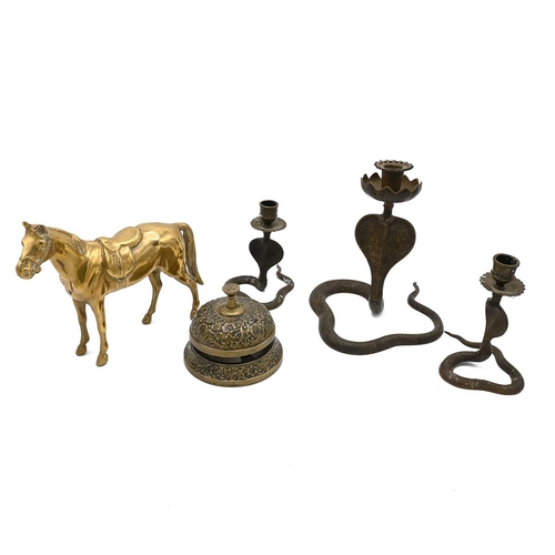 567 - Mixed Brassware. Vintage set of three Cobra Indian brass candlesticks, Cast brass horse and a reprod... 