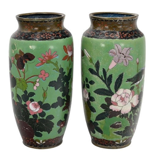 573 - A pair of Japanese Cloisonné vases with green ground with kingfishers, peonies and lilies. H 31.5cm,... 