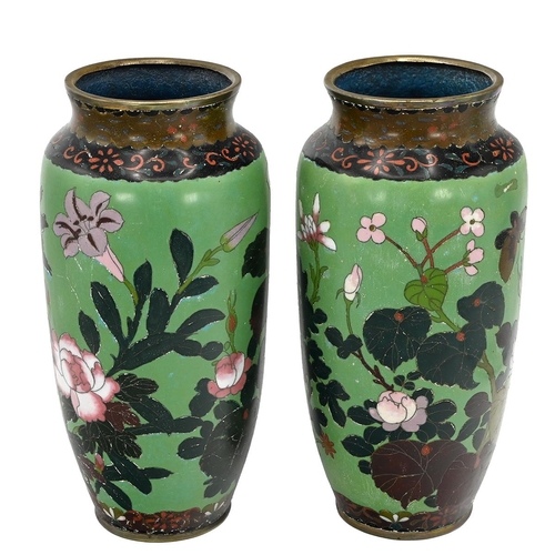 573 - A pair of Japanese Cloisonné vases with green ground with kingfishers, peonies and lilies. H 31.5cm,... 