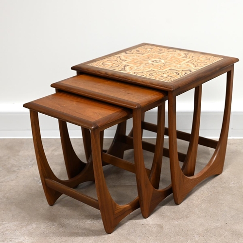 598 - Mid century set of G-Plan Tingley teak nesting tables, the largest having a top of 4 inset tiles. H ... 