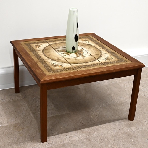 608 - Mid century Danish square hardwood coffee table with inset ceramic 9-tile top decorated with woodpec... 