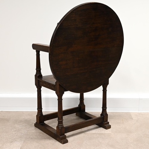 611 - Mid 20th Century carved oak Monk's seat, with back tilting over to form a table. H 103cm, W 70cm, D ... 