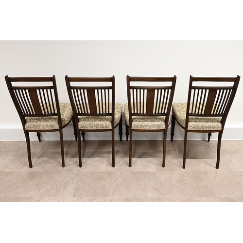 614 - Set of four late 19th century mahogany dining chairs with railed back, the centre slat inlaid with f... 