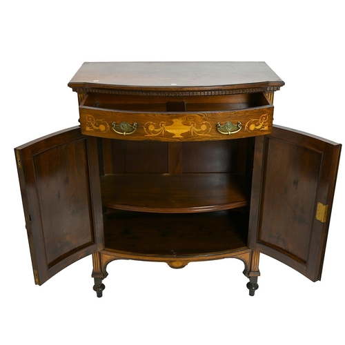 616 - An Edwardian bow-fronted rosewood cabinet with long drawer over two cupboard doors, all inlaid with ... 