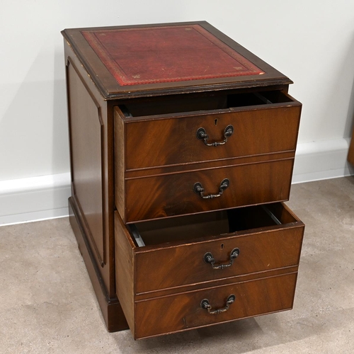 621 - Mahogany 2 drawer filing cabinet with tooled red leather insert to top. The drawer fronts designed t... 