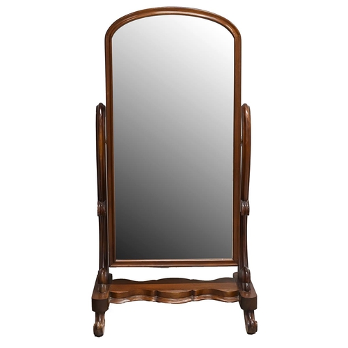 628 - A 19th Century Mahogany framed Cheval mirror, of rectangular form with an arched top, supported by s... 