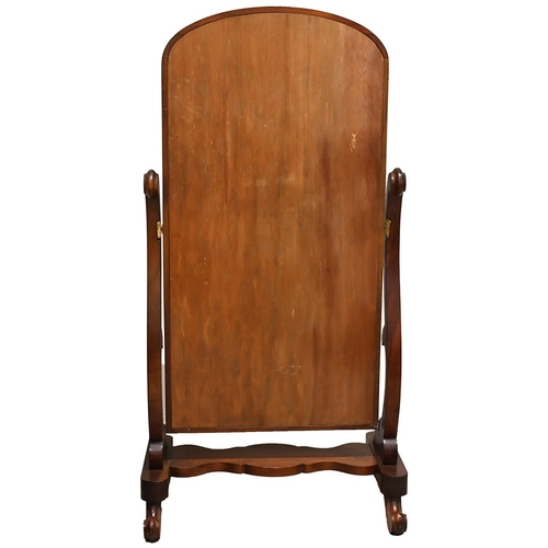 628 - A 19th Century Mahogany framed Cheval mirror, of rectangular form with an arched top, supported by s... 