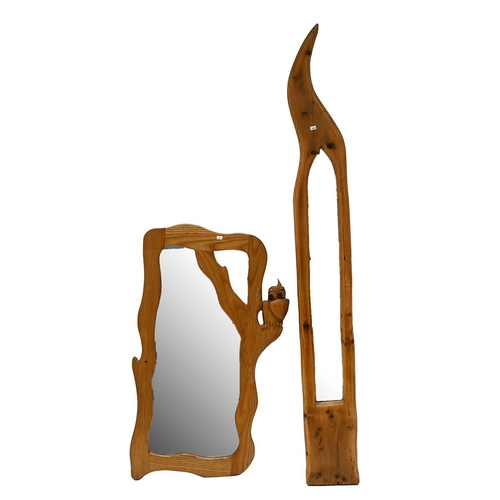 629 - Two late 20th century carved pine framed mirrors - the first tall, slender, flame shape, H 178cm, W ... 