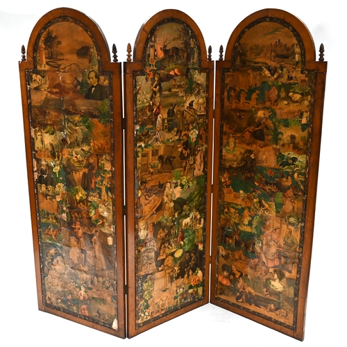 632 - A good original mid Victorian 3 fold scrap screen heavily decorated to both sides over the fabric wi... 