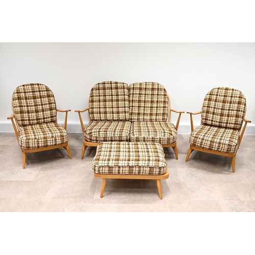 635 - Ercol blonde beechwood suite, in the Windsor range, comprising two-seater sofa, two armchairs and a ... 