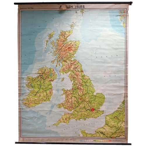 644 - A mid century Westermann Wall Map of the British Isles - canvas supported on ebonised wooden poles. ... 