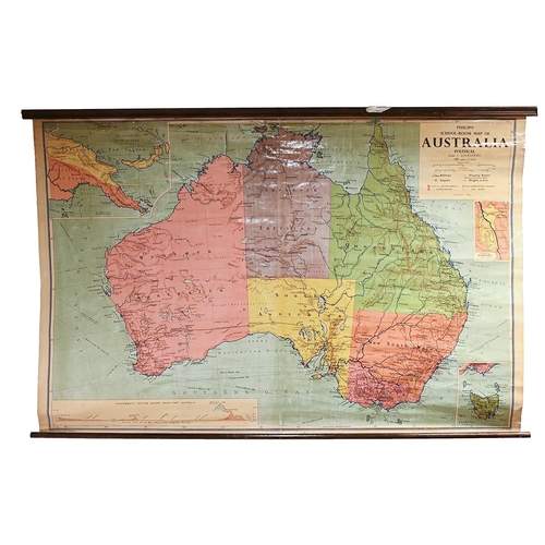 645 - A mid century Philips Schoolroom Map of Australia. Canvas on polished wooden poles. H 119cm W 180cm.