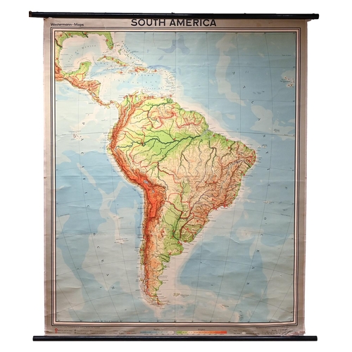 646 - A mid century Westermann's Maps schoolroom map of South America. Canvas on ebonised wooden poles. H ... 