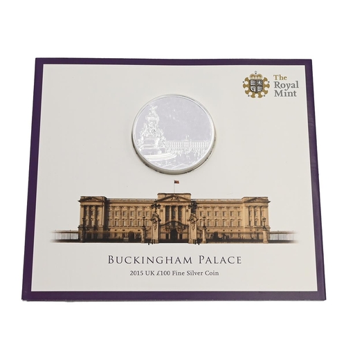 85 - 2015 Buckingham Palace £100 fine silver BU coin from The Royal Mint in original folder. Obverse: por... 
