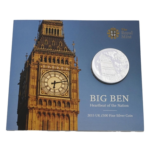 86 - 2015 Big Ben Heartbeat of a Nation 999 silver BU £100 coin in original Royal Mint packaging. Obverse... 