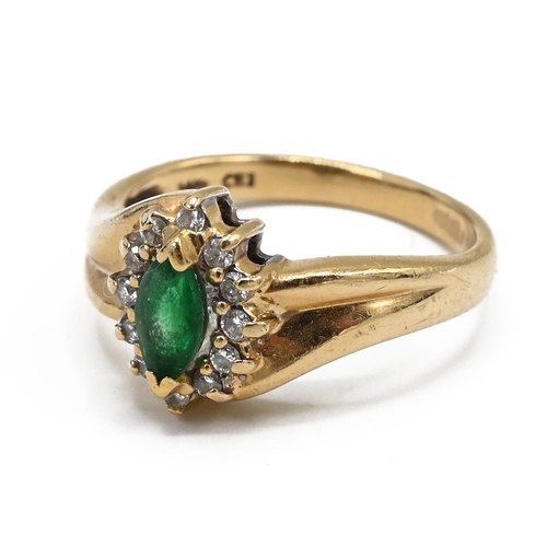 11 - A 14ct gold and emerald ring and diamond cluster ring, set with pear shaped emerald, finger size M 1... 
