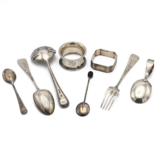 12 - A collection of miscellaneous silver items including napkin rings, sifter spoon and other items, 162... 