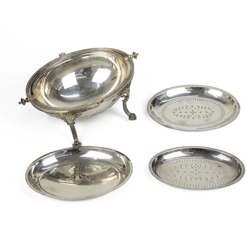 13 - A silver plated meat warmer/server, the front section engraved with ferns and standing on outstretch... 