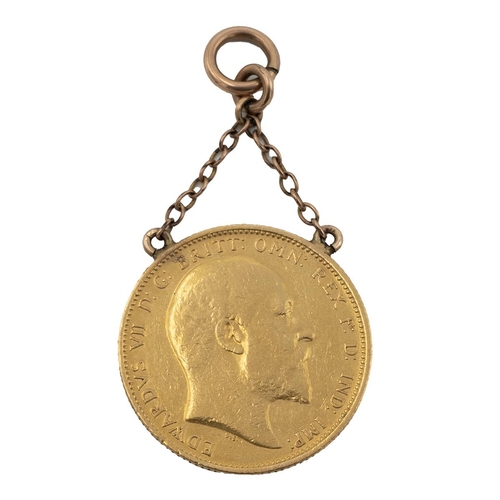 24 - A 1902 full gold sovereign, on a mounted hanging chain. (J)