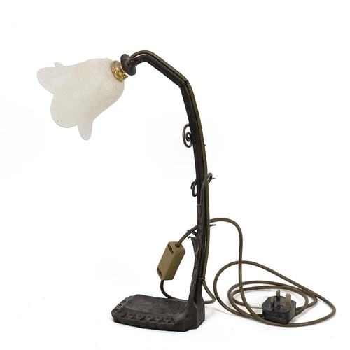 33 - French early 20th century hand wrought iron desk lamp. Organic form with Fern leaves curling around ... 