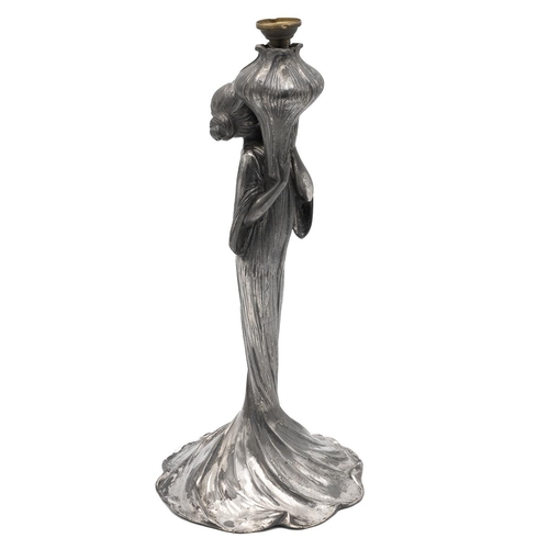 35 - WMF Art Nouveau pewter lamp base in the form of a young woman in flowing dress holding aloft a vesse... 