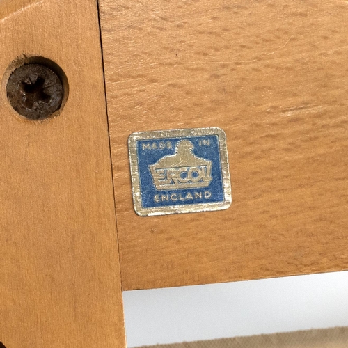 402 - Vintage Ercol light elm suite from Windsor Range with blue Ercol stickers. Comprising a 203 sofa, tw... 