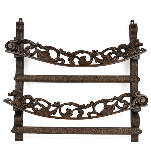 405 - 19th century Flemish carved oak plate rack. Carved and fretwork decoration, each curved front plate ... 