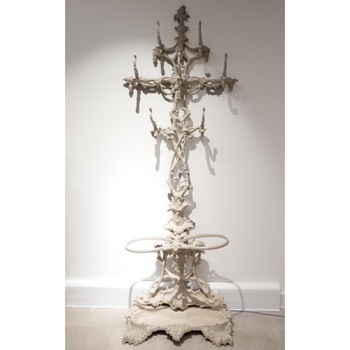 406 - 19th century Coalbrookdale cast iron hall stand with later cream painted finish. Ornate foliate desi... 