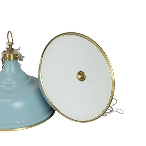 42 - Three lacquered and painted brass pendant lights, shades with duck egg blue outer. Milk white glass ... 