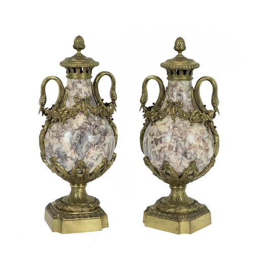 62 - Pair of  antique French Marble & Ormolu mounted Cassolettes, later 19th Century. Handles moulded as ... 