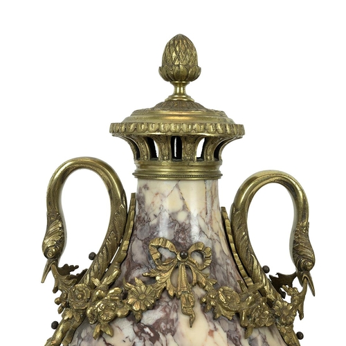 62 - Pair of  antique French Marble & Ormolu mounted Cassolettes, later 19th Century. Handles moulded as ... 