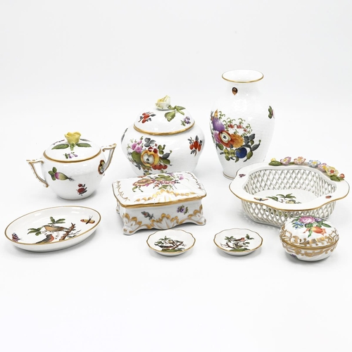 64 - A collection of Herend porcelain including in the  Rothschild birds pattern: a five sided lace work ... 